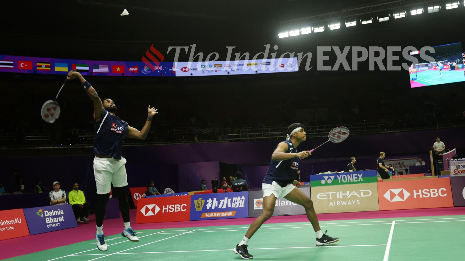 Satwiksairaj Rankireddy and Chirag Shetty play against Junaidi Arif and Roy King Yap at the Badminton World Championship. (Express Photo | Gajendra Yadav)