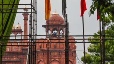 Preparations and security arrangements underway at Red Fort for the 80th Independence Day celebrations, in New Delhi on Monday. (ANI Photo)