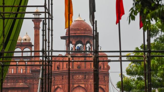 Preparations and security arrangements underway at Red Fort for the 80th Independence Day celebrations, in New Delhi on Monday. (ANI Photo)