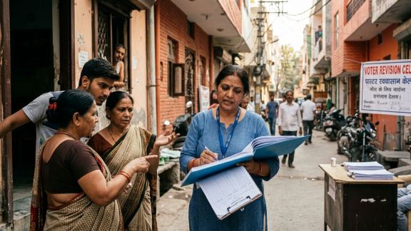 A Booth Level Officer collects and verifies enumeration forms during the Special Intensive Revision of electoral rolls in Delhi. (AI-generated image for representation)