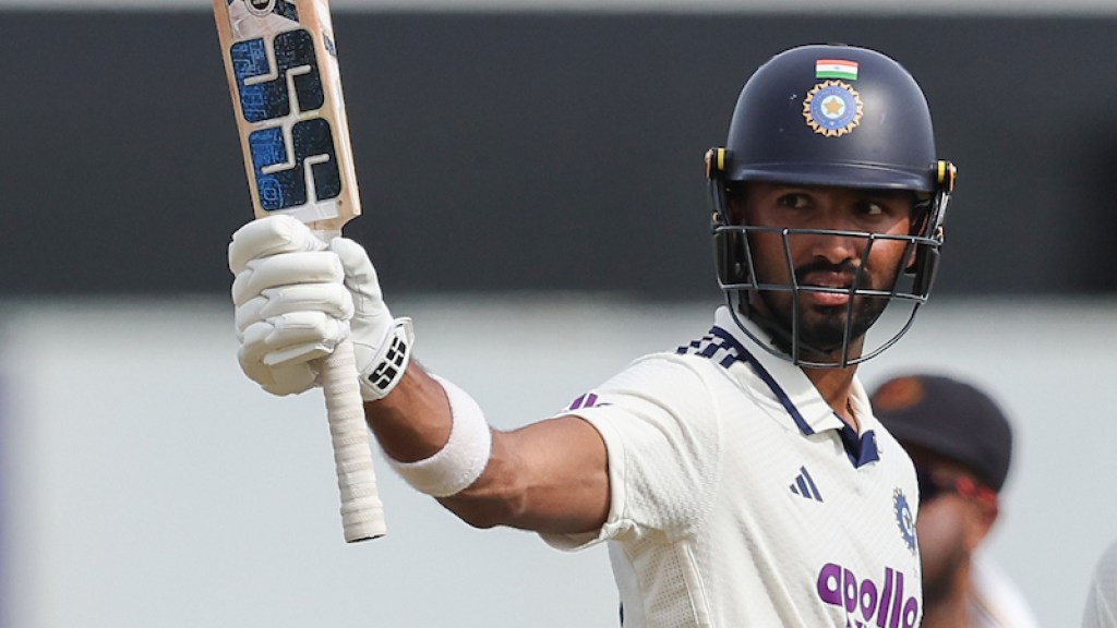 Devdutt Padikkal of India celebrates after scoring a one hundred fifty during Day 2 of the 1st Test match between Sri Lanka and India at the Galle International Stadium, Galle, Sri Lanka, on August 16, 2026.