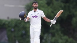 Devdutt Padikkal of India celebrates after scoring a hundred during Day 2 of the warm-up match between Sri Lanka XI and India at the NCC Ground, Colombo, Sri Lanka, on August 8, 2026.