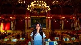 File image of Divya Deshmukh inside Stortinget,the Norwegian parliament in Oslo, during the 2026 Norway Chess tournament. (Express Photo by Amit Kamath)