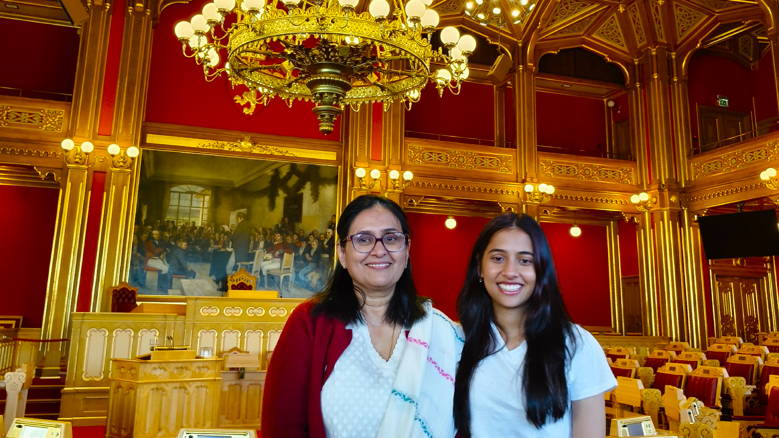 File image of Divya Deshmukh with her mother inside Stortinget, the Norwegian parliament in Oslo, during the 2026 Norway Chess tournament. 