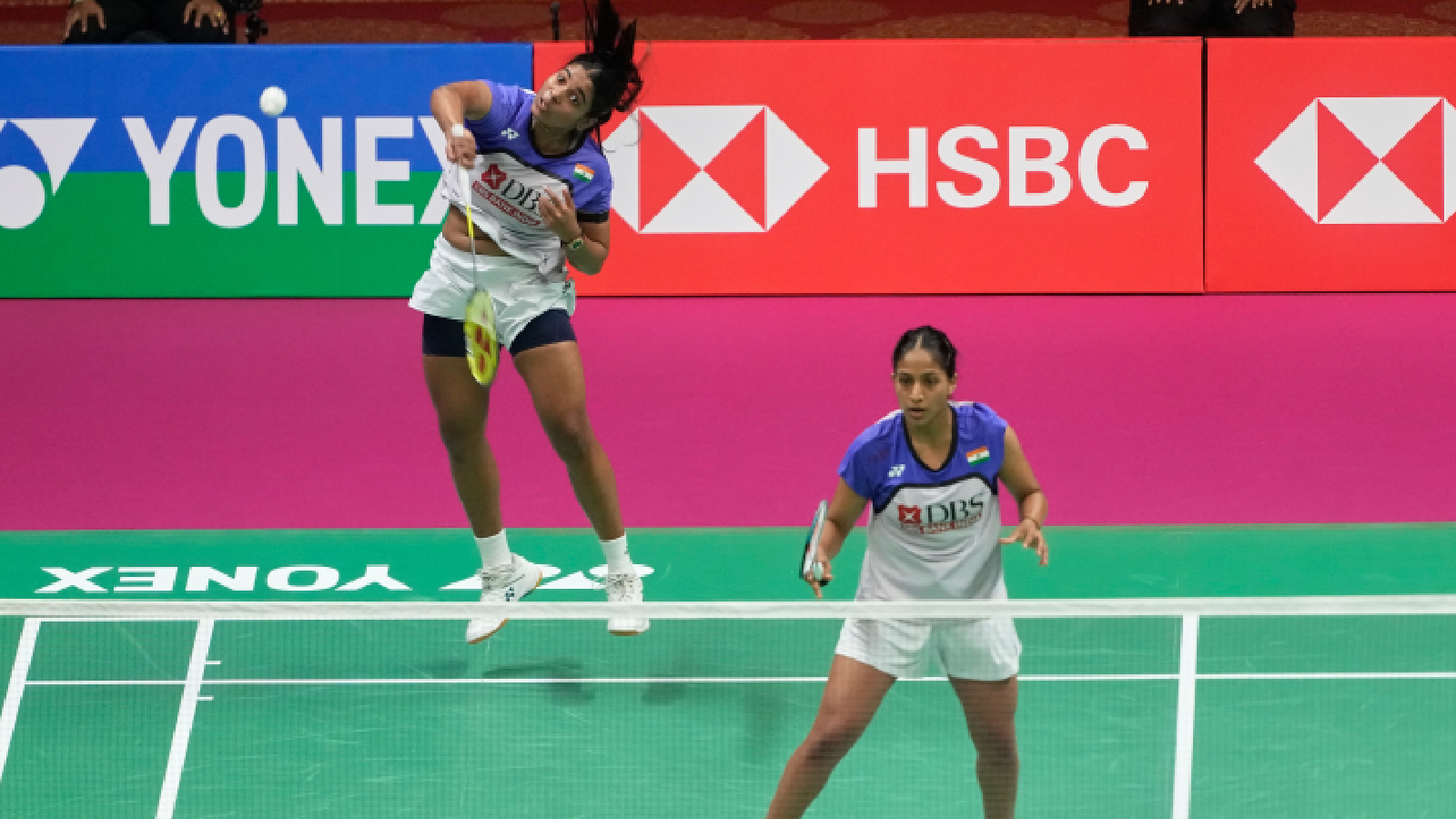 India's Treesa Jolly, left and Gayatri Gopichand Pullela play against China's Liu Sheng Shu and Tan Ning in a semi final match of the Badminton World Championships in New Delhi, India, Saturday, Aug. 22, 2026. (AP Photo/Manish Swarup)