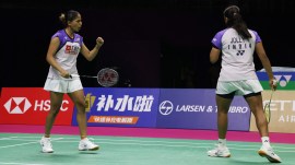 Indian women's doubles pair of Treesa Jolly and Gayatri Gopichand in action during BWF Badminton World Championships in New Delhi. (Reuters)