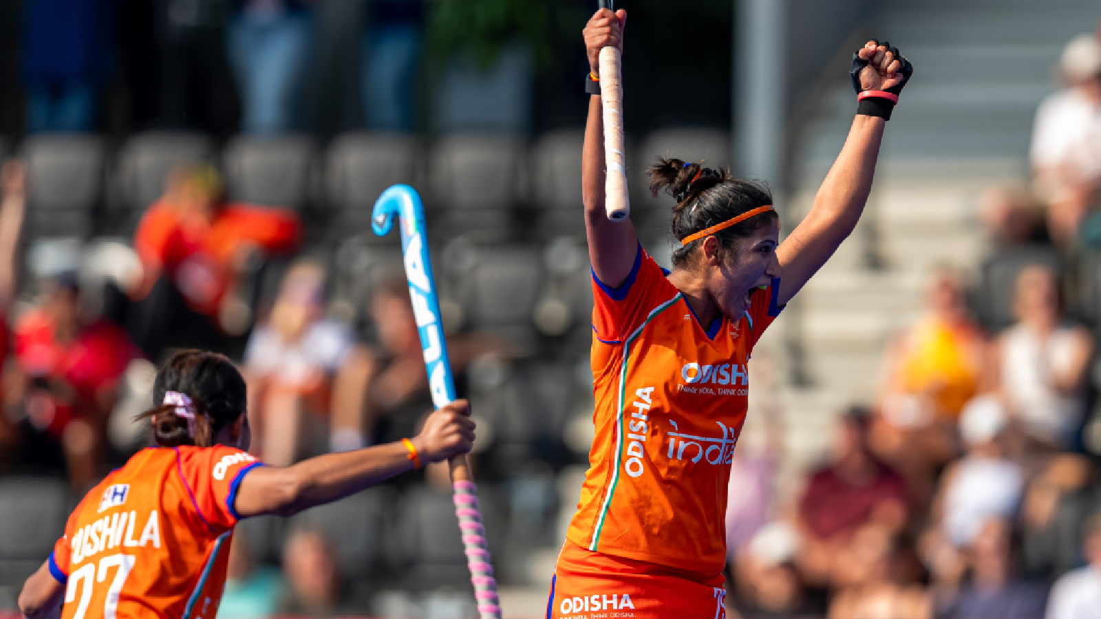 The India women's team celebrate during the Hockey World Cup match vs Germany. (Hockey India)