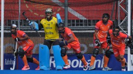 India's players defend goal during the World Cup Field Hockey pool D match between India and Pakistan in Amstelveen, Netherlands, Wednesday, Aug. 19, 2026. (AP Photo/Patrick Post)