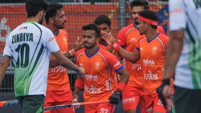 India's players celebrate after scoring during the World Cup Field Hockey pool D match between India and Pakistan in Amstelveen, Netherlands, Wednesday, Aug. 19, 2026. (AP Photo/Patrick Post)