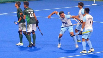 Indian captain Harmanpreet Singh with teammates during the hockey match against Pakistan at the 19th Asian Games, in Hangzhou, China, Saturday, Sept. 30, 2023. India beat Pakistan 10-2. (PTI Photo)