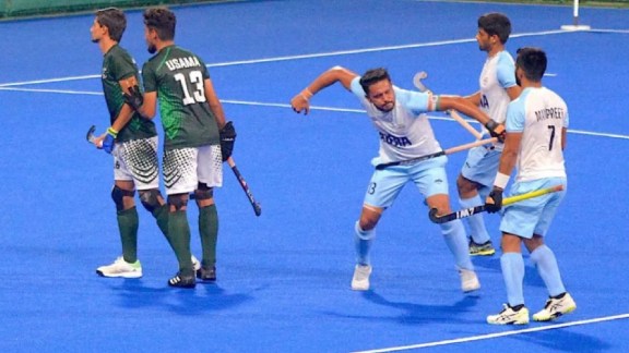 Indian captain Harmanpreet Singh with teammates during the hockey match against Pakistan at the 19th Asian Games, in Hangzhou, China, Saturday, Sept. 30, 2023. India beat Pakistan 10-2. (PTI Photo)