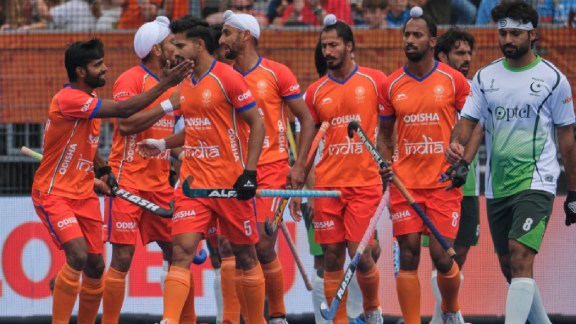 India's players celebrate after scoring during the World Cup Field Hockey pool D match between India and Pakistan in Amstelveen, Netherlands, Wednesday, Aug. 19, 2026. (AP Photo/Patrick Post)
