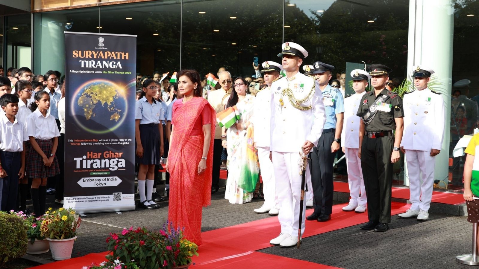 The Indian Embassy in Japan hoists the Tricolour as part of the ‘Suryapath Tiranga’ global relay marking India’s 80th Independence Day. (Image: X/ India in Japan)