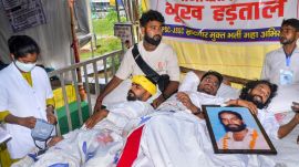 Protesters receive medical attention during an indefinite hunger strike as part of a protest against the Jharkhand government over alleged irregularities in the 14th JPSC examination, JSSC-CGL and other recruitment tests, demanding a CBI probe and reforms in the recruitment agencies, in Ranchi. (PTI Photo)