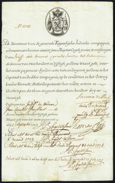 Share in the Ostend Company, issued 2 September 1723 (Wikipedia)
