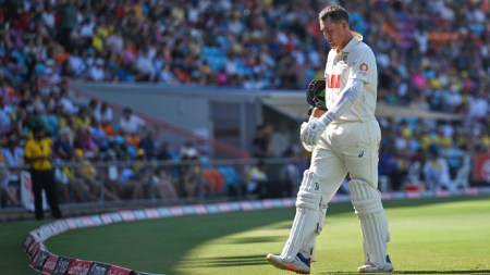 Marnus Labuschagne of Australia walks from the field after being dismissed by Taijul Islam of Bangladesh during play on day three of the first cricket test in Darwin, Australia, Saturday, Aug.15, 2026, (James Ross/AAPImage via AP)