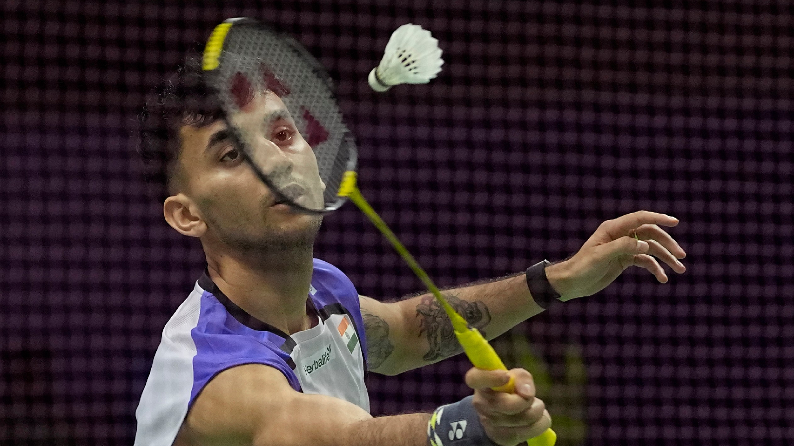 India's Lakshya Sen plays against Austria's Collins Valentine Filimon during the Badminton World Championships in New Delhi, India, Tuesday, Aug. 18, 2026.