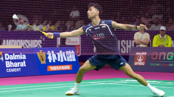 India's Lakshya Sen plays against United States' Garret Tan during the Badminton World Championships in New Delhi, India, Wednesday, Aug. 19, 2026. (AP Photo/Manish Swarup)