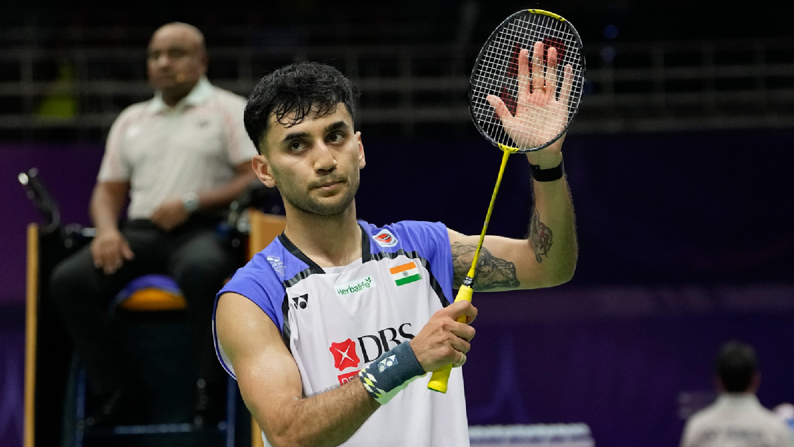 India's Lakshya Sen celebrates after his win against Austria's Collins Valentine Filimon during the Badminton World Championships in New Delhi, India, Tuesday, Aug. 18, 2026. (AP Photo/Manish Swarup)