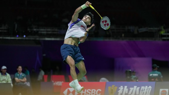India's Lakshay Sen competes in the round of 64 men’s singles badminton match against Austria's Collins Valentine Filimon, unseen, during the BWF World Championships, at IGI Stadium, in New Delhi, Tuesday, Aug. 18, 2026. (PTI Photo)