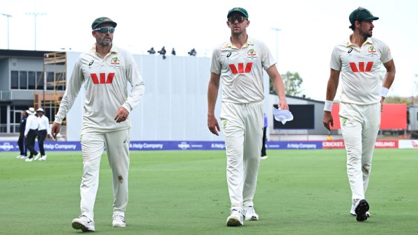 Australian players Nathan Lyon, Josh Hazlewood and Mitchell Starc dejected following Australia's nine wicket loss to Bangladesh. (AP)