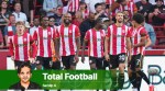 Brentford’s Mamadou Sangare’s (second from left) celebrates with teammates after his side’s third goal during the English Premier League soccer match vs Tottenham Hotspur in London, Saturday, Aug. 22, 2026. (AP Photo/Kin Cheung)
