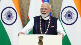rime Minister Narendra Modi speaks after being conferred Uzbekistan's highest national award, the Order of “Oliy Darajali Dustlik” by Uzbekistan President Shavkat Mirziyoyev during a ceremony, in Tashkent on Sunday. (DPM PMO/ANI Photo)