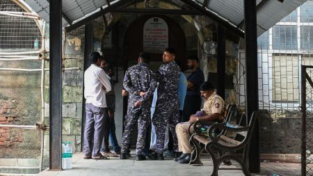 Friends and family members of Puranmal Shambhulal Mehra, an Indian Navy sailor who was found dead last night, wait at the Postmortem Centre of JJ Hospital in Mumbai on 16 August 2026. The sailor along with his wife and two children were found dead last night. (Express photo: Sankhadeep Banerjee)