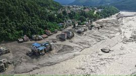 An aerial view of flood affected Bhotekoshi river at Benighat area, in Dhading district, Nepal (PTI Photo)