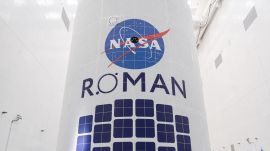 NASA’s Nancy Grace Roman Space Telescope stands ready for launch aboard SpaceX’s Falcon Heavy rocket. (Image: Nasa)