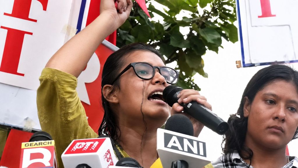 AISA President Neha Bora gives a speech during protest march in Jharkhand on Friday 7 July after a man allegedly threw ink on her. (ANI Photo/Enhanced using AI)