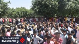 Factory workers stage a protest demanding a hike in wages, in Noida, Gautam Buddh Nagar district, Uttar Pradesh, Monday, April 13, 2026. (Express photo)