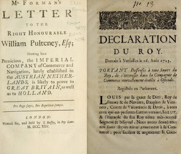 Pamphlet condemning the Ostend Company as "pernicious" to both British and Dutch traders (left) and a 1723 law forbidding French subjects from investing in the company (right- Wikipedia)