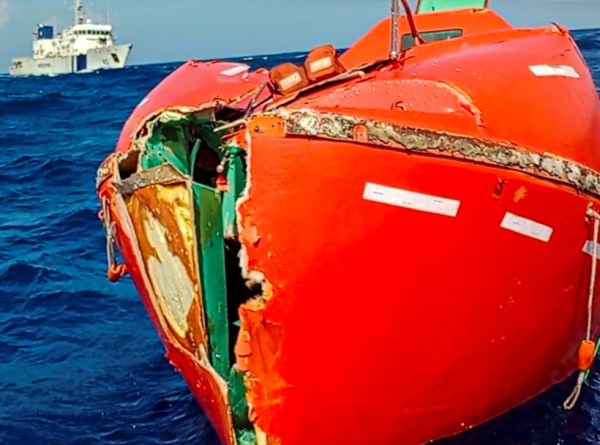 Damaged merchant vessel MV Ocean Winner during a search operation conducted by coast guards for missing crew members of the Panama-flagged bulk carrier (Indian Coast Guard via PTI Photo)
