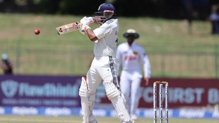 Rishabh Pant of India plays a shot during Day 2 of the 2nd Test match between Sri Lanka and India at the Sinhalese Sports Club Ground, Colombo, Sri Lanka, on August 24, 2026.