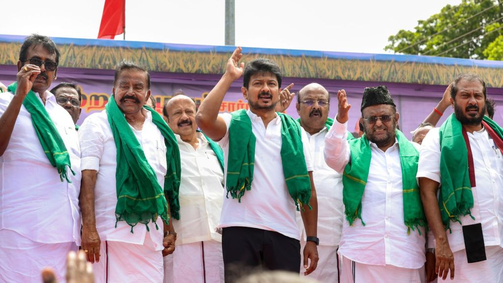 LoP in the Tamil Nadu Legislative Assembly and Dravida Munnetra Kazhagam (DMK) youth wing secretary Udhayanidhi Stalin, centre, along with leaders of party’s alliance partners as they stage a protest against the Mekedatu Dam construction project, in Thanjavur, Tamil Nadu, Monday, Aug. 3, 2026. (PTI)