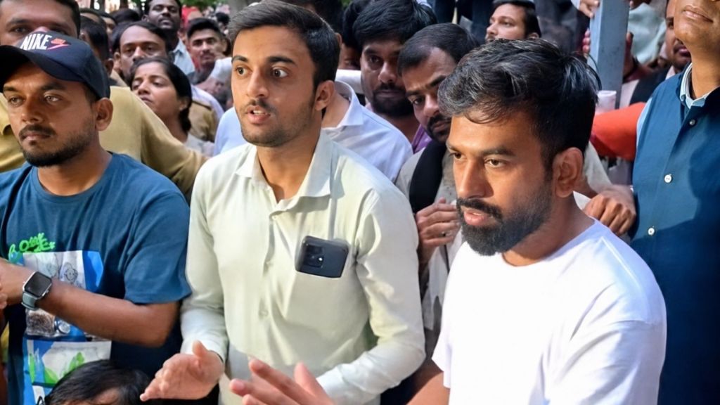 CJP chief Abhijit Dipke addresses protesters in Chhatrapati Sambhajinagar, Maharashtra, where students gathered to protest an alleged paper leak and technical glitches in a High Court clerk typing examination
