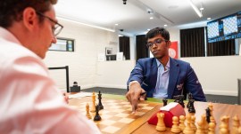 R Praggnanandhaa takes on Fabiano Caruana in the GCT Finals. ( Lennart Ootes/Saint Louis Chess Club)