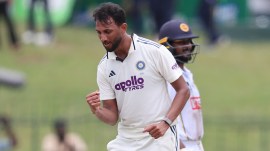Prasidh Krishna of India celebrates the wicket of Kamindu Mendis of Sri Lanka during Day 3 of the 2nd Test match between Sri Lanka and India at the Sinhalese Sports Club Ground, Colombo, Sri Lanka, on August 25, 2026.