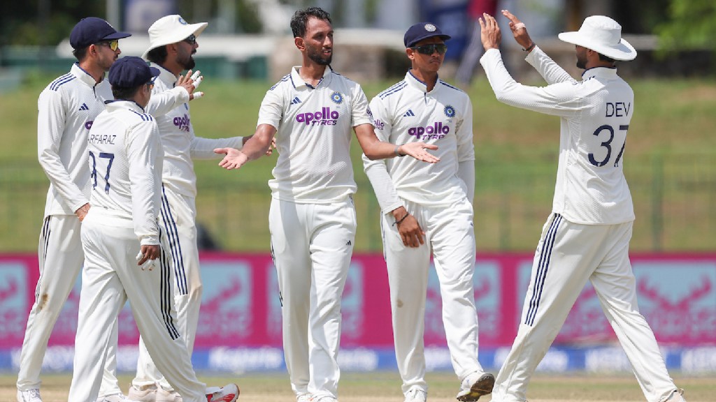 Prasidh Krishna of India celebrates the wicket of Kamil Mishara of Sri Lanka during Day 3 of the 2nd Test match between Sri Lanka and India at the Sinhalese Sports Club Ground, Colombo, Sri Lanka, on August 25, 2026.