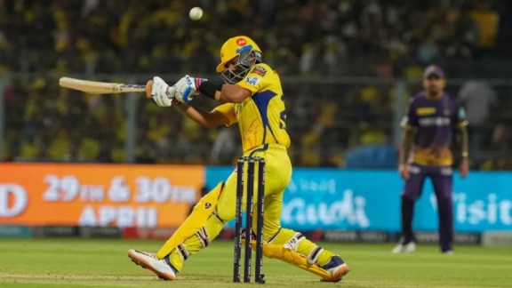 Chennai Super Kings batter Ajinkya Rahane plays a shot during the IPL 2023 cricket match between Kolkata Knight Riders and Chennai Super Kings at Eden Gardens in Kolkata. (PTI)
