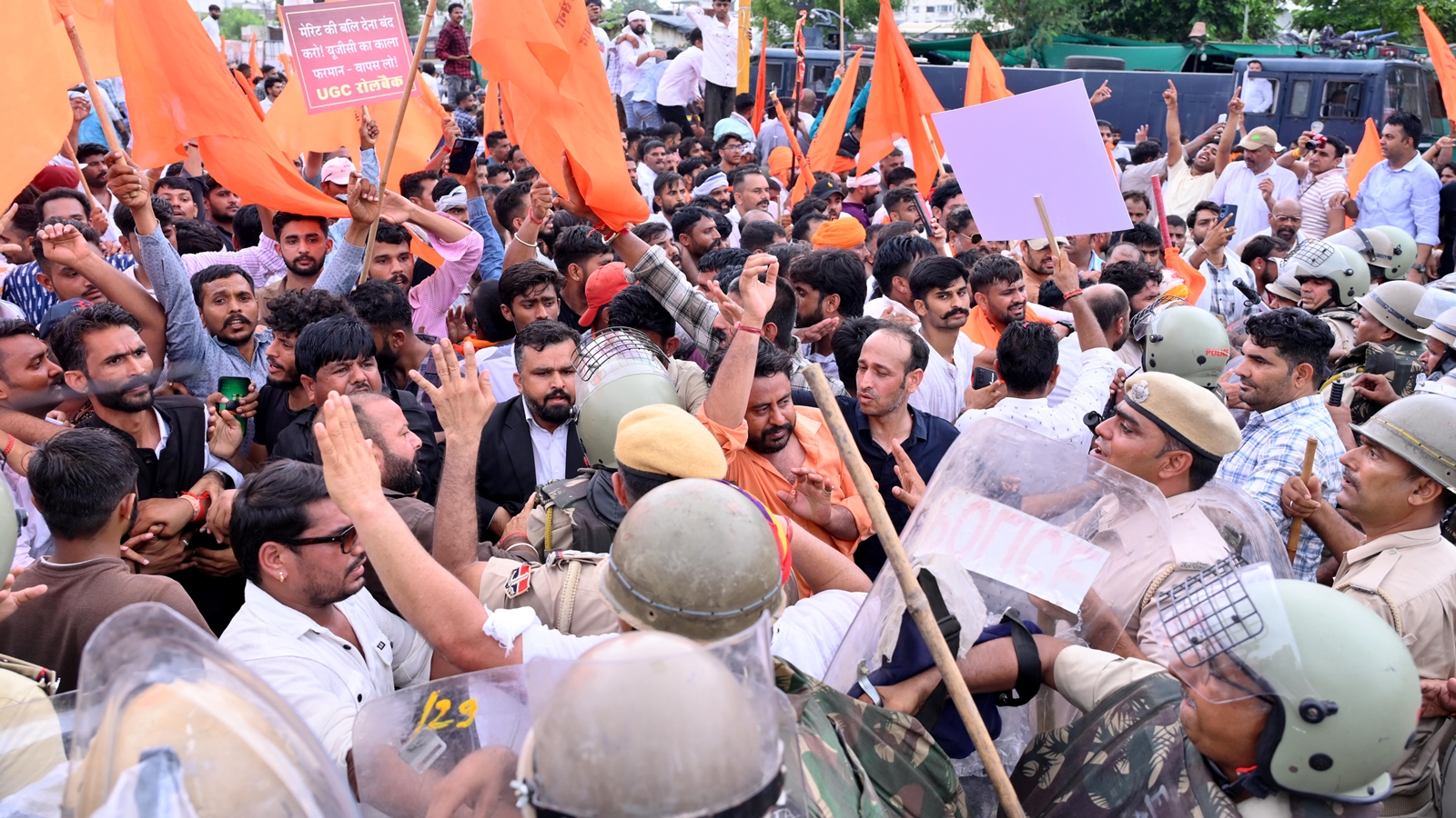 Rajput Karni Sena supporters stage a protest over the UGC equity regulations, in Jaipur on August 3. (File photo Rohit Jain Paras)
