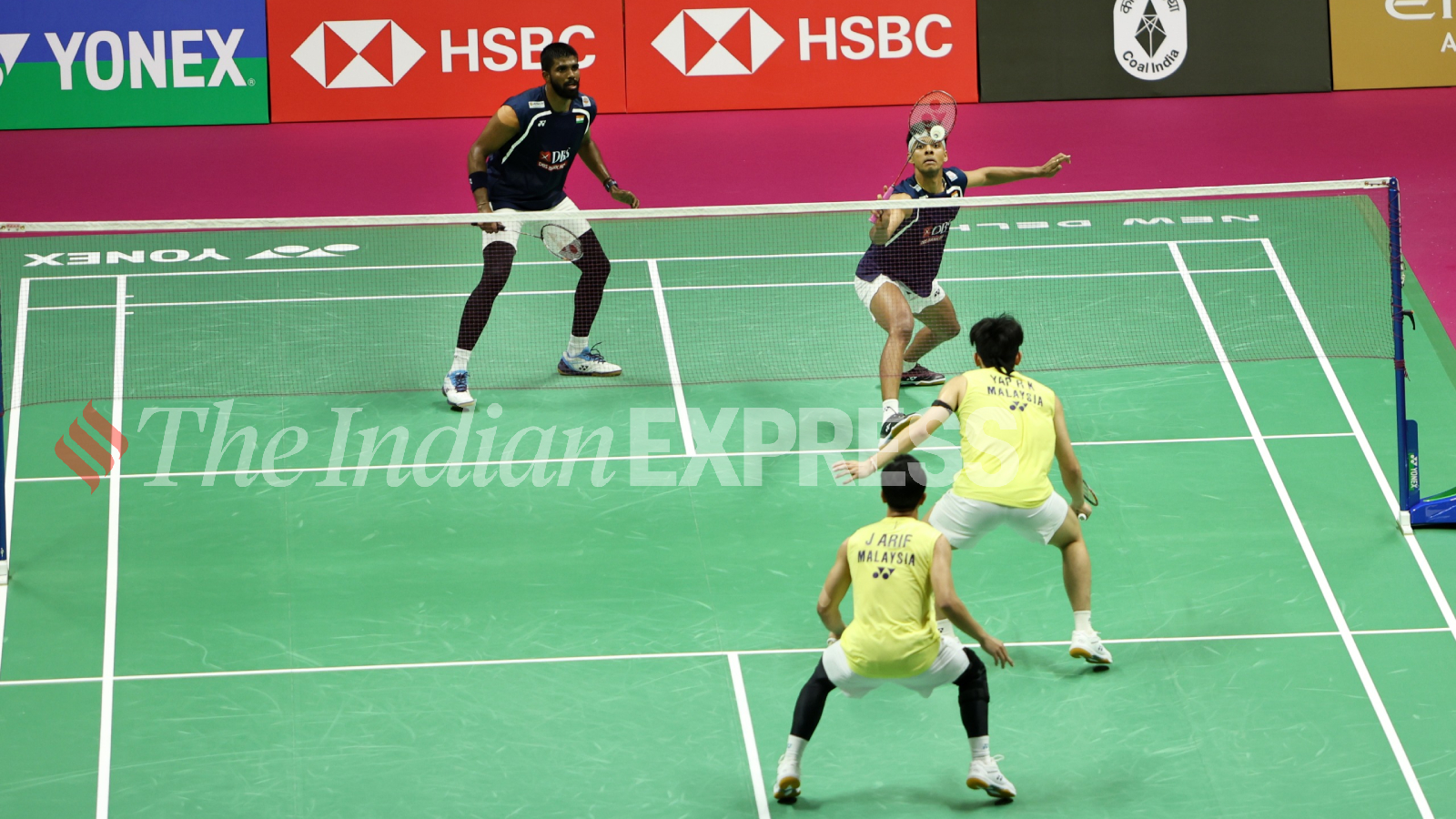 Satwiksairaj Rankireddy and Chirag Shetty play against Junaidi Arif and Roy King Yap at the Badminton World Championship. (Express Photo | Gajendra Yadav)