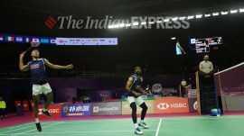 Satwiksairaj Rankireddy and Chirag Shetty play against Junaidi Arif and Roy King Yap at the Badminton World Championship. (Express Photo | Gajendra Yadav)