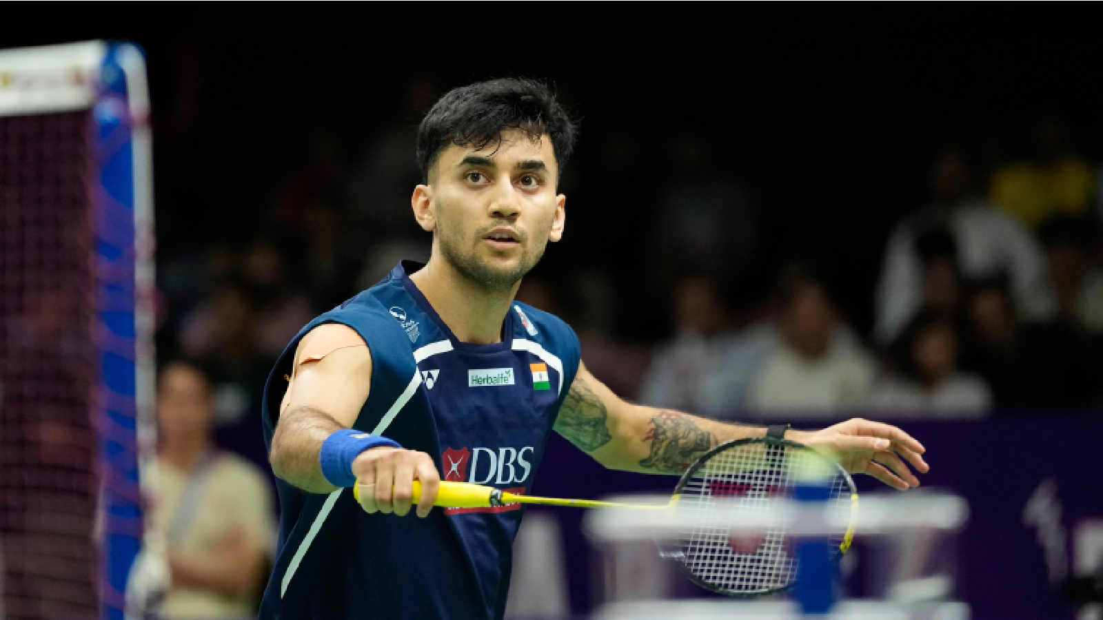 India's Lakshya Sen plays against United States' Garret Tan during the Badminton World Championships in New Delhi, India, Wednesday, Aug. 19, 2026. (AP Photo/Manish Swarup)