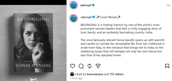 The cover features a photograph of a younger Sonia Gandhi in greyscale. (Photo: Instagram/aaknoph)