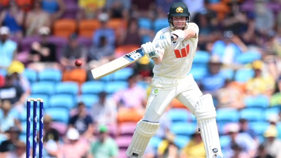 Australia's Steve Smith plays a shot against Bangladesh during their cricket test match in Darwin, Australia, Thursday, Aug. 13, 2026. (James Ross/AAP Image via AP)