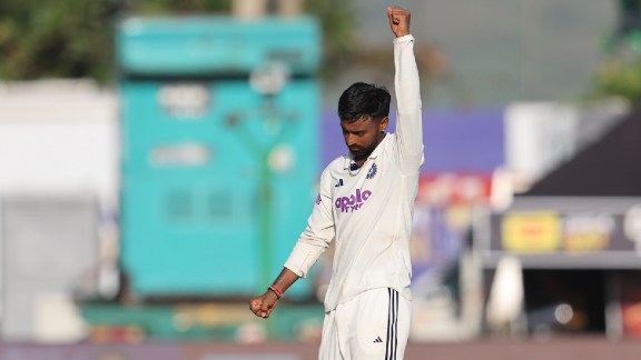Manav Suthar of India celebrates the wicket of Lahiru Udara of Sri Lanka during Day 4 of the 1st Test match between Sri Lanka and India at the Galle International Stadium, Galle, Sri Lanka, on August 18, 2026.
