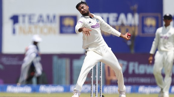 Manav Suthar of India delivers a ball during Day 3 of the 1st Test match between Sri Lanka and India at the Galle International Stadium, Galle, Sri Lanka, on August 17, 2026.