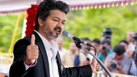 Tamil Nadu Chief Minister C Joseph Vijay addresses the 80th Independence Day celebrations at Fort St. George, in Chennai, Tamil Nadu, Saturday, Aug. 15, 2026. (PTI Photo)